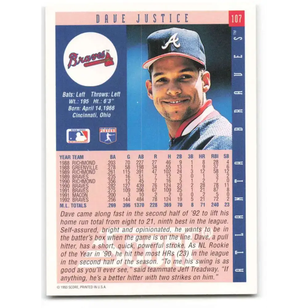 1993 Score #107 David Justice NM-MT Atlanta Braves Baseball Card - Baseball Card Single