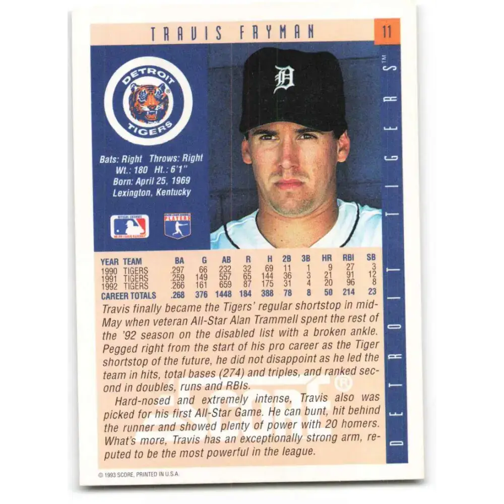 1993 Score #11 Travis Fryman NM-MT Detroit Tigers Baseball Card - Baseball Card Single