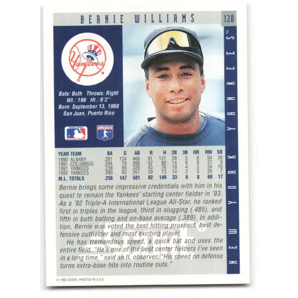 1993 Score #120 Bernie Williams NM-MT New York Yankees Baseball Card - Baseball Card Single
