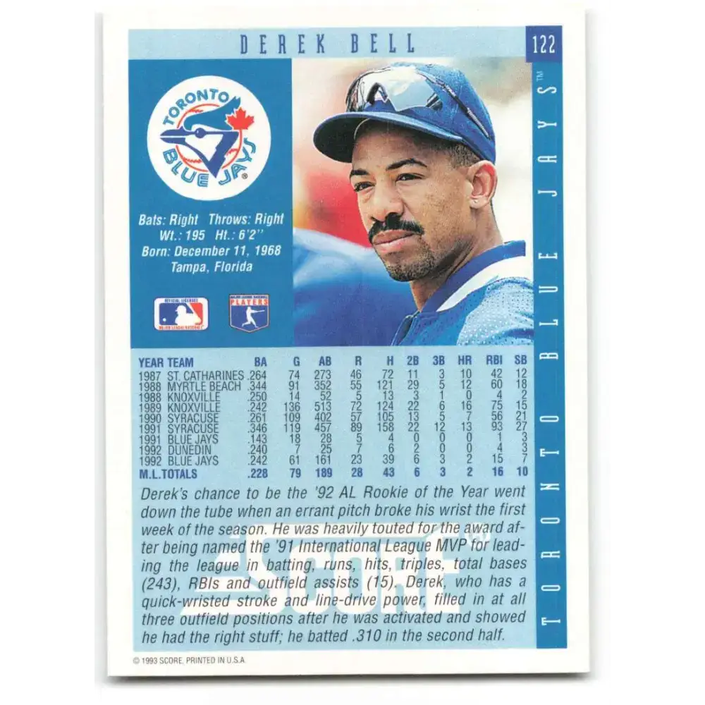 1993 Score #122 Derek Bell NM-MT Toronto Blue Jays Baseball Card - Baseball Card Single