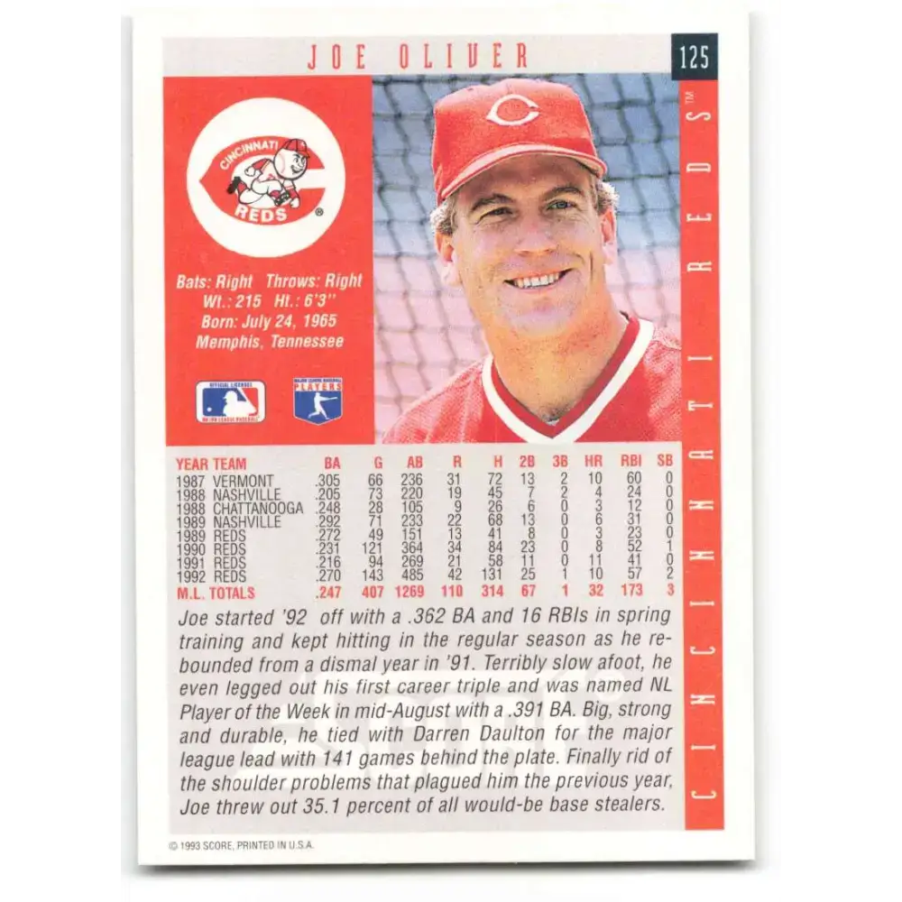 1993 Score #125 Joe Oliver NM-MT Cincinnati Reds Baseball Card - Baseball Card Single