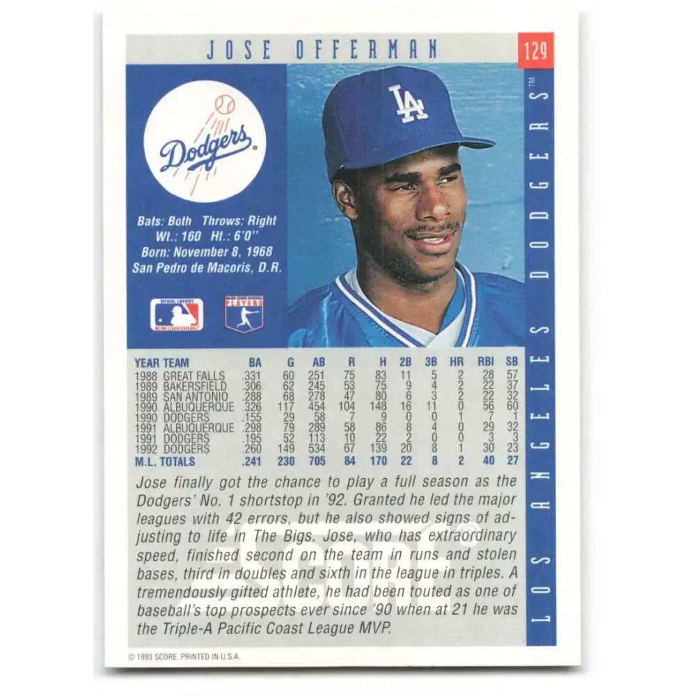 1993 Score #129 Jose Offerman NM-MT Los Angeles Dodgers Baseball Card - Baseball Card Single