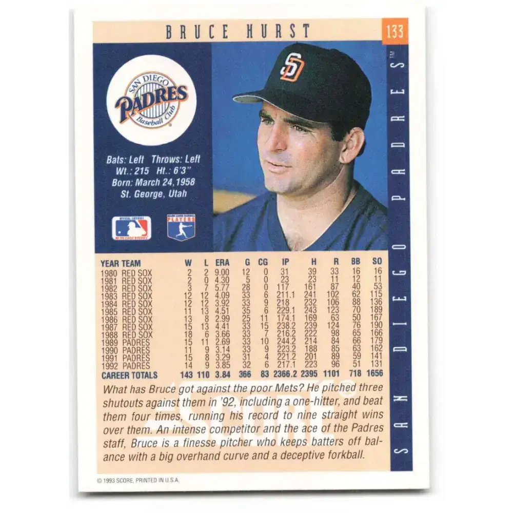 1993 Score #133 Bruce Hurst NM-MT San Diego Padres Baseball Card - Baseball Card Single
