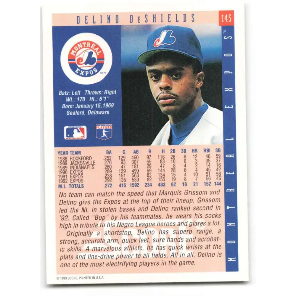 1993 Score #145 Delino DeShields NM-MT Montreal Expos Baseball Card - Baseball Card Single