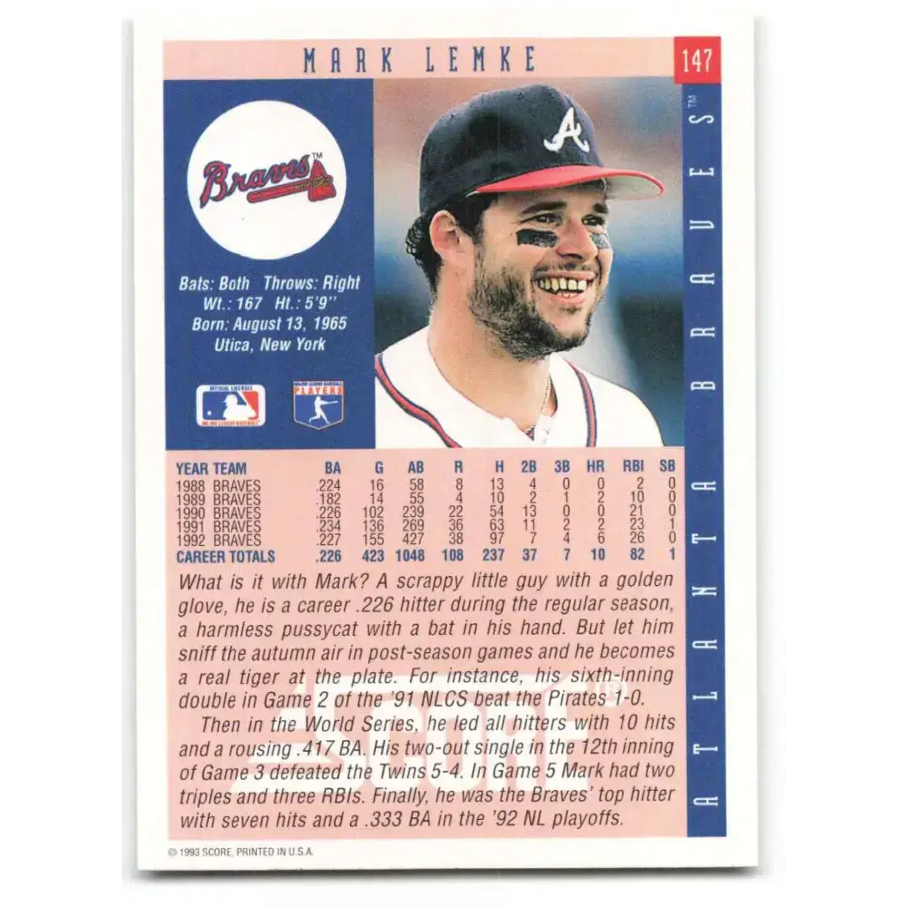 1993 Score #147 Mark Lemke NM-MT Atlanta Braves Baseball Card - Baseball Card Single