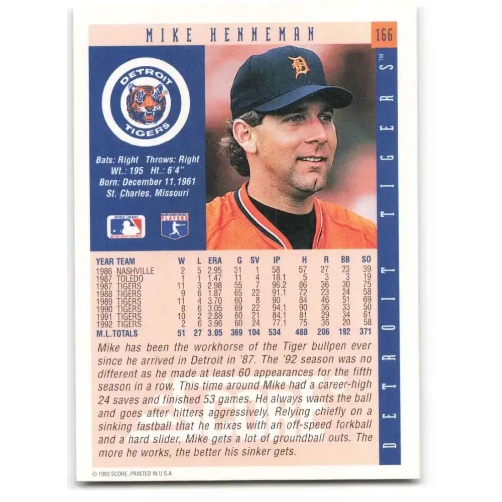 1993 Score #166 Mike Henneman NM-MT Detroit Tigers Baseball Card - Baseball Card Single
