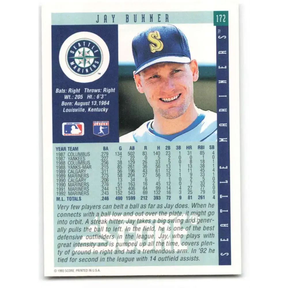 1993 Score #172 Jay Buhner NM-MT Seattle Mariners Baseball Card - Baseball Card Single