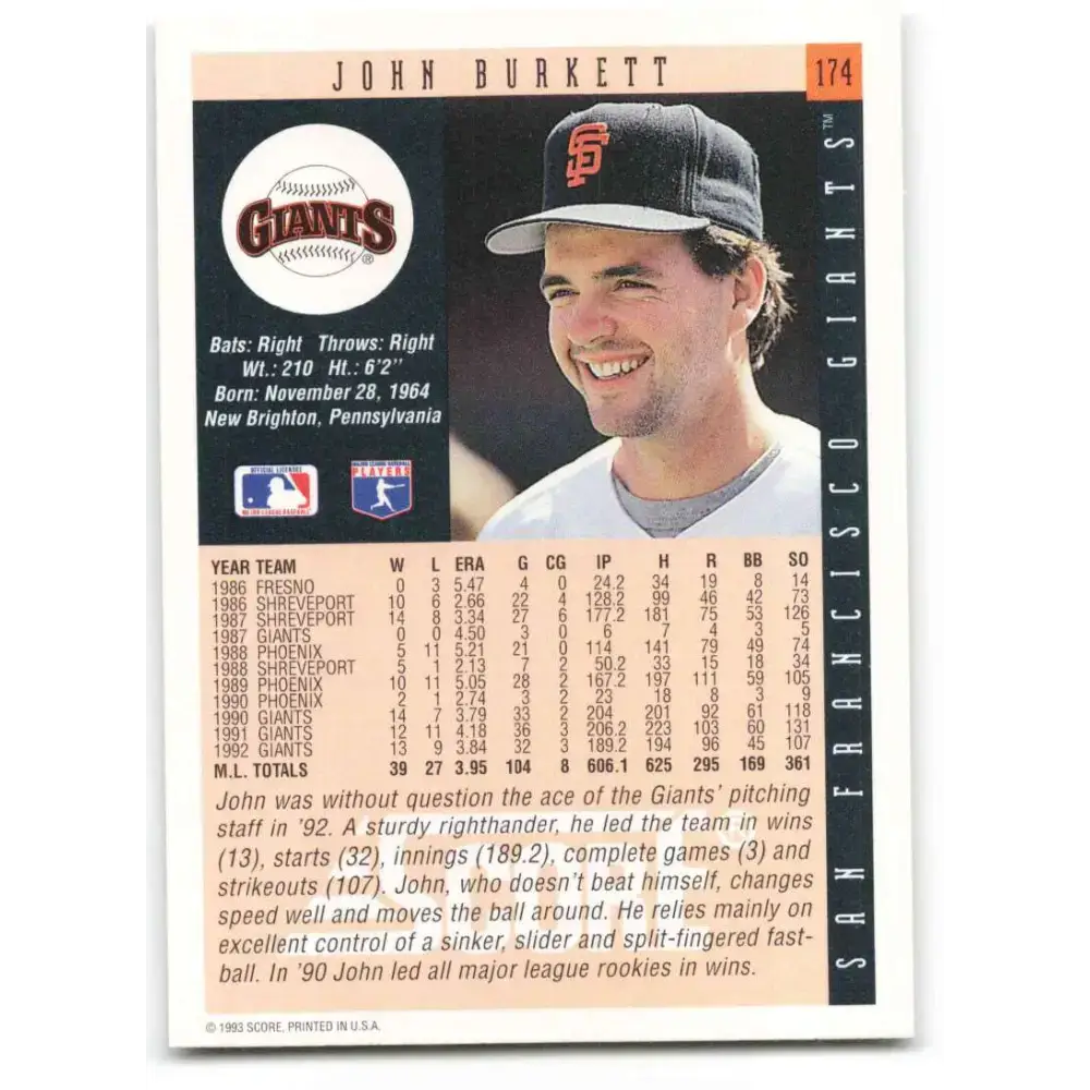 1993 Score #174 John Burkett NM-MT San Francisco Giants Baseball Card - Baseball Card Single