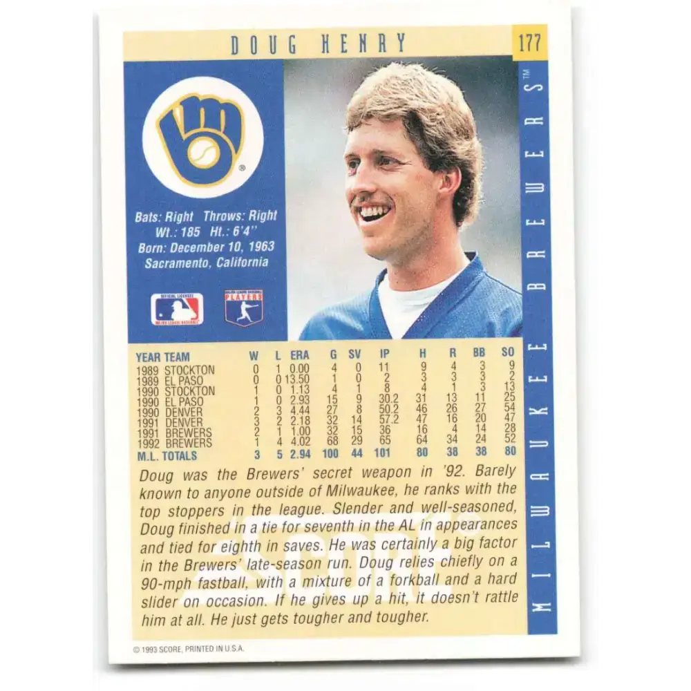 1993 Score #177 Doug Henry NM-MT Milwaukee Brewers Baseball Card - Baseball Card Single
