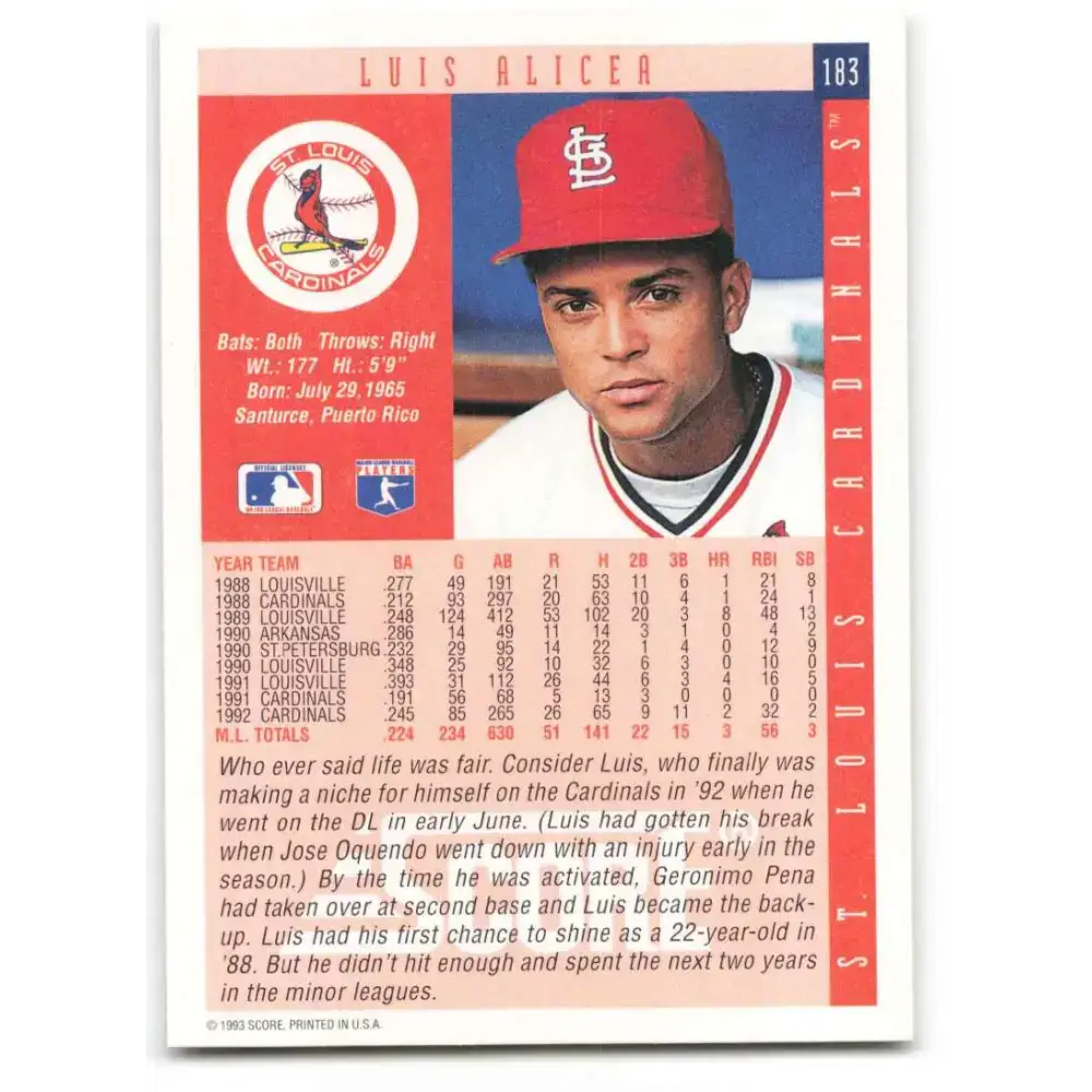 1993 Score #183 Luis Alicea NM-MT St. Louis Cardinals Baseball Card - Baseball Card Single
