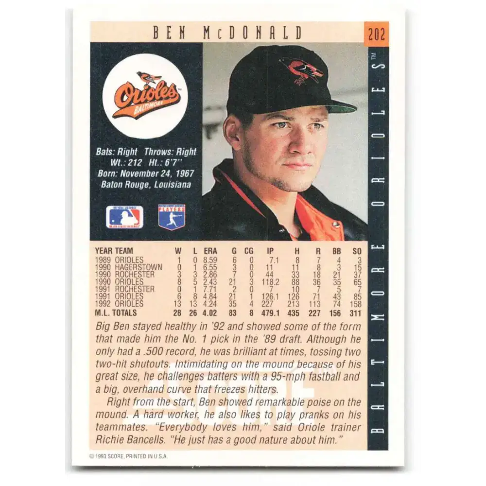 1993 Score #202 Ben McDonald NM-MT Baltimore Orioles Baseball Card - Baseball Card Single