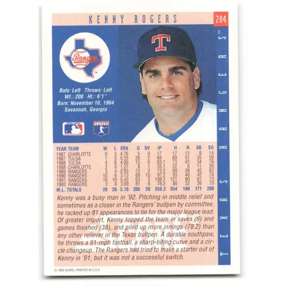 1993 Score #204 Kenny Rogers NM-MT Texas Rangers Baseball Card - Baseball Card Single