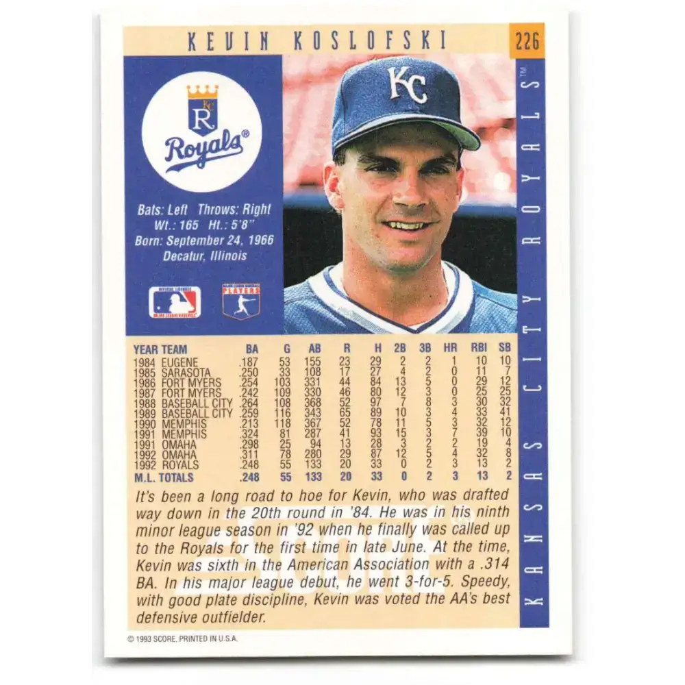 1993 Score #226 Kevin Koslofski NM-MT Kansas City Royals Baseball Card - Baseball Card Single