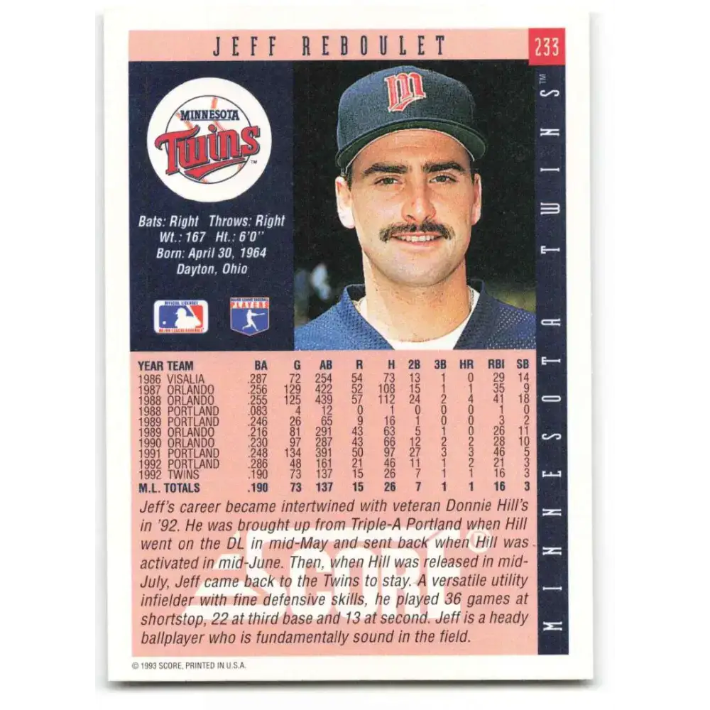 1993 Score #233 Jeff Reboulet NM-MT Minnesota Twins Baseball Card - Baseball Card Single