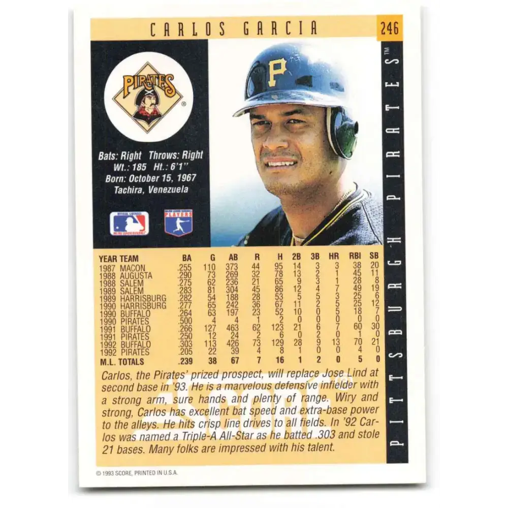1993 Score #246 Carlos Garcia NM-MT Pittsburgh Pirates Baseball Card - Baseball Card Single