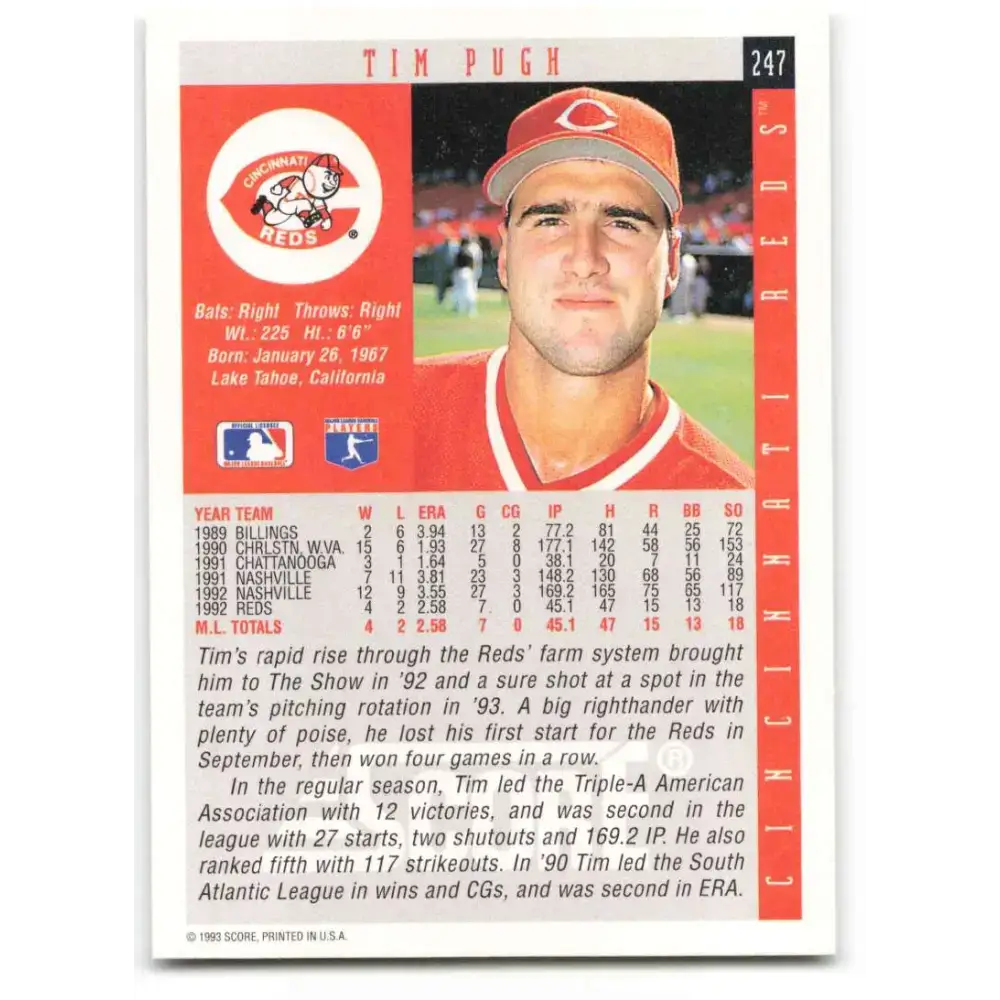 1993 Score #247 Tim Pugh NM-MT RC Rookie Cincinnati Reds Baseball Card - Baseball Card Single