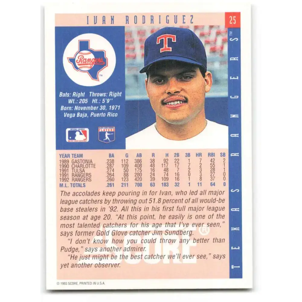 1993 Score #25 Ivan Rodriguez NM-MT Texas Rangers Baseball Card - Baseball Card Single
