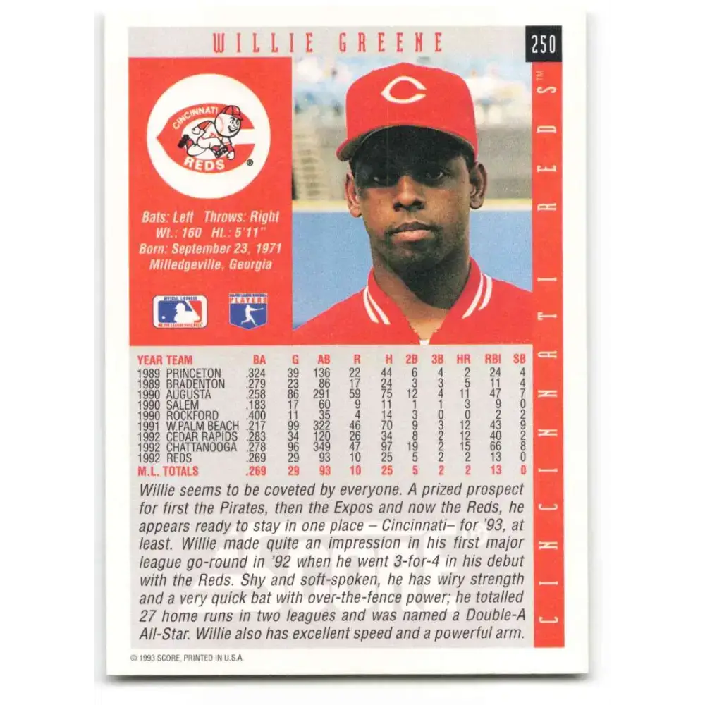 1993 Score #250 Willie Greene NM-MT Cincinnati Reds Baseball Card - Baseball Card Single