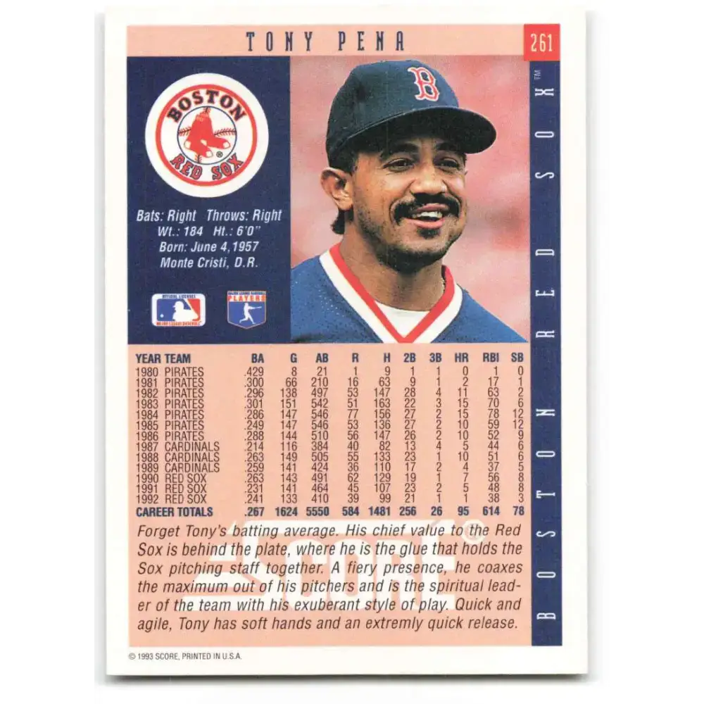 1993 Score #261 Tony Pena NM-MT Boston Red Sox Baseball Card - Baseball Card Single