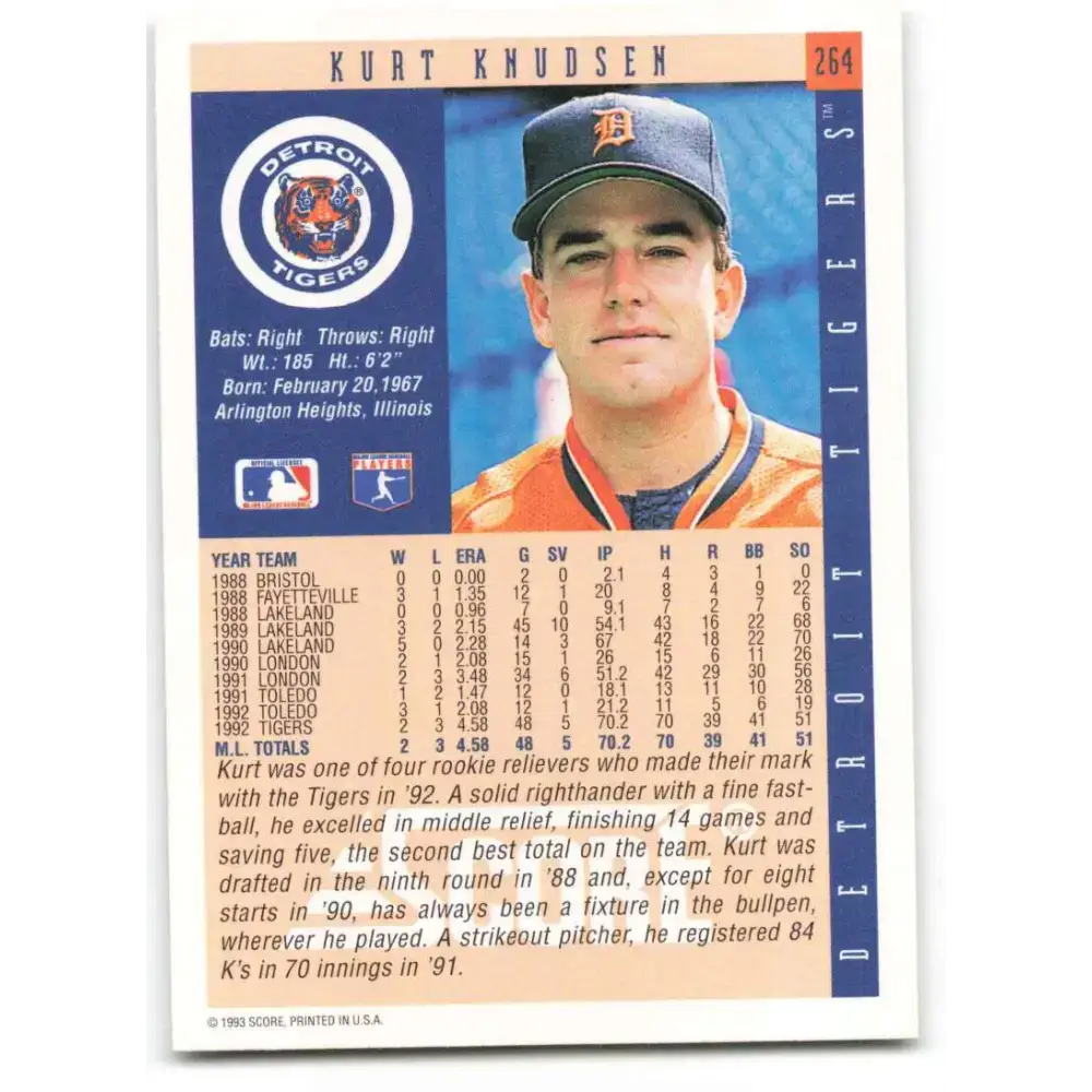 1993 Score #264 Kurt Knudsen NM-MT Detroit Tigers Baseball Card - Baseball Card Single