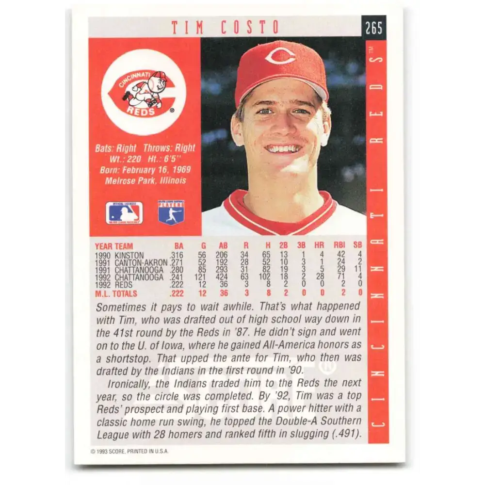 1993 Score #265 Tim Costo NM-MT Cincinnati Reds Baseball Card - Baseball Card Single