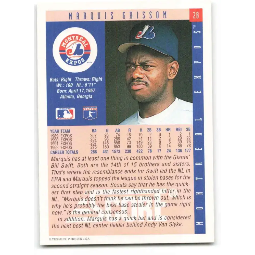 1993 Score #28 Marquis Grissom NM-MT Montreal Expos Baseball Card - Baseball Card Single