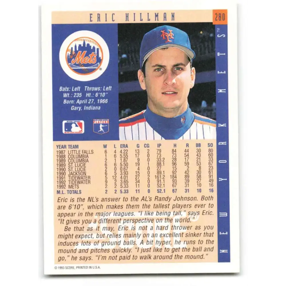 1993 Score #280 Eric Hillman NM-MT New York Mets Baseball Card - Baseball Card Single