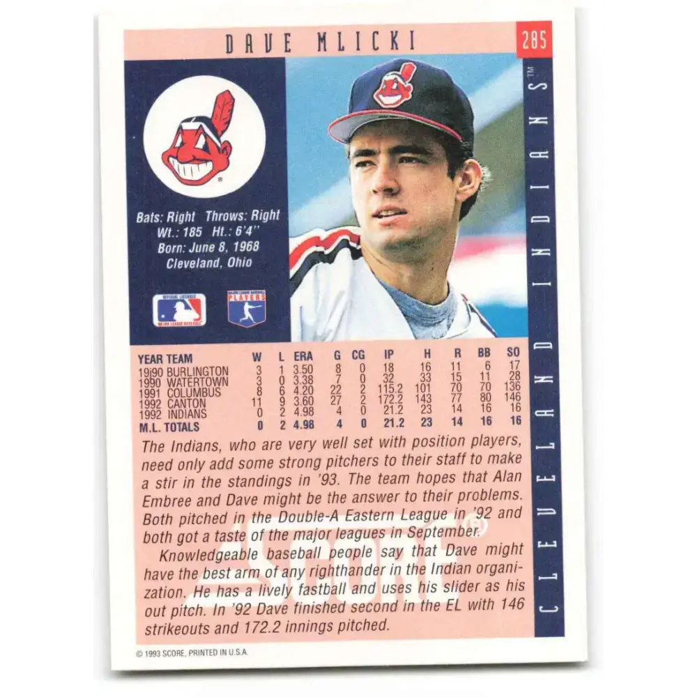 1993 Score #285 Dave Mlicki NM-MT Cleveland Indians Baseball Card - Baseball Card Single