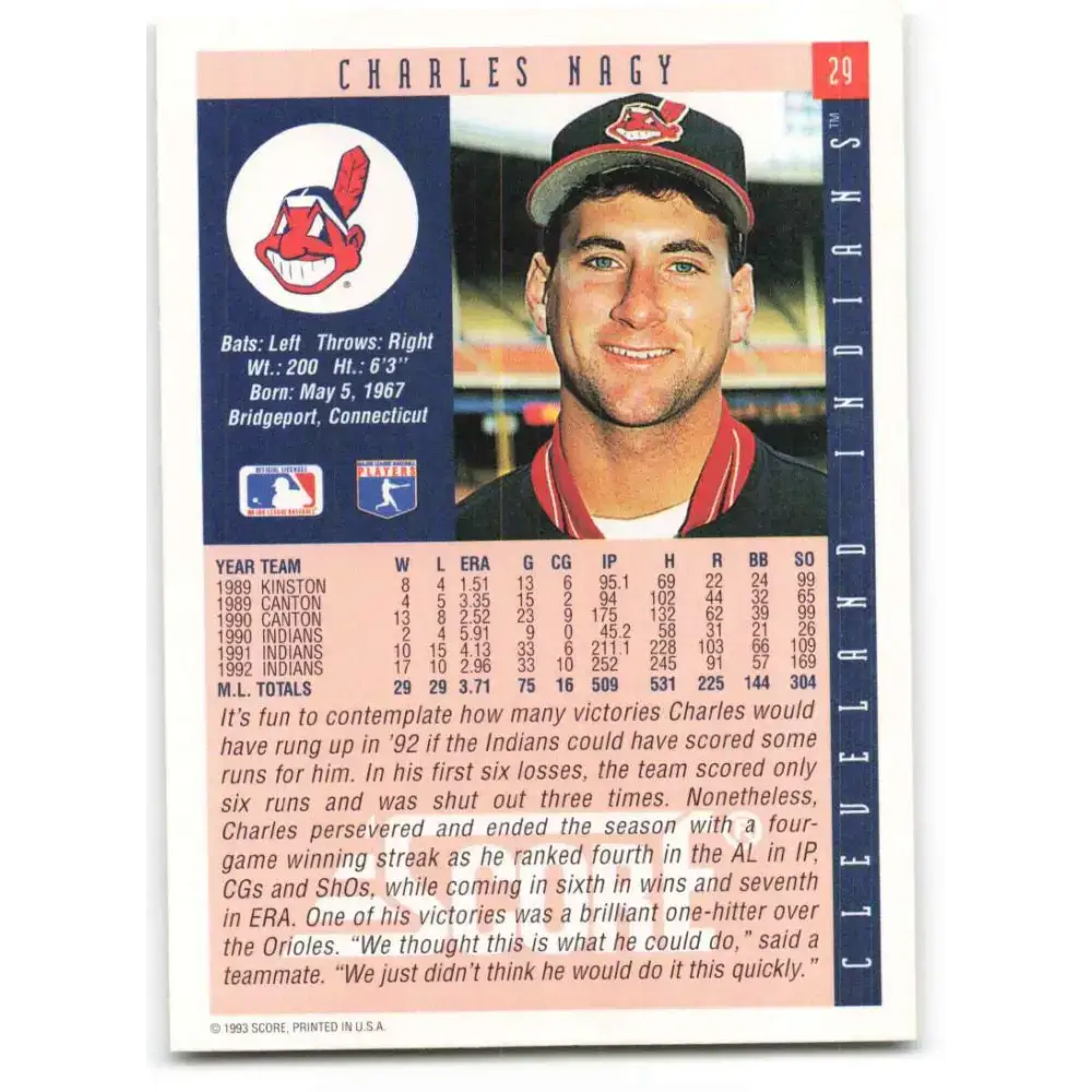 1993 Score #29 Charles Nagy NM-MT Cleveland Indians Baseball Card - Baseball Card Single