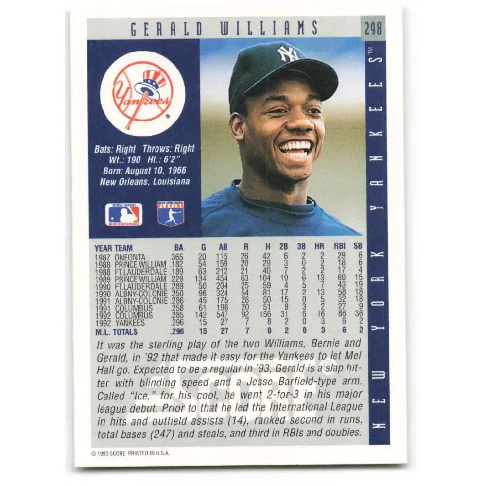 1993 Score #298 Gerald Williams NM-MT New York Yankees Baseball Card - Baseball Card Single