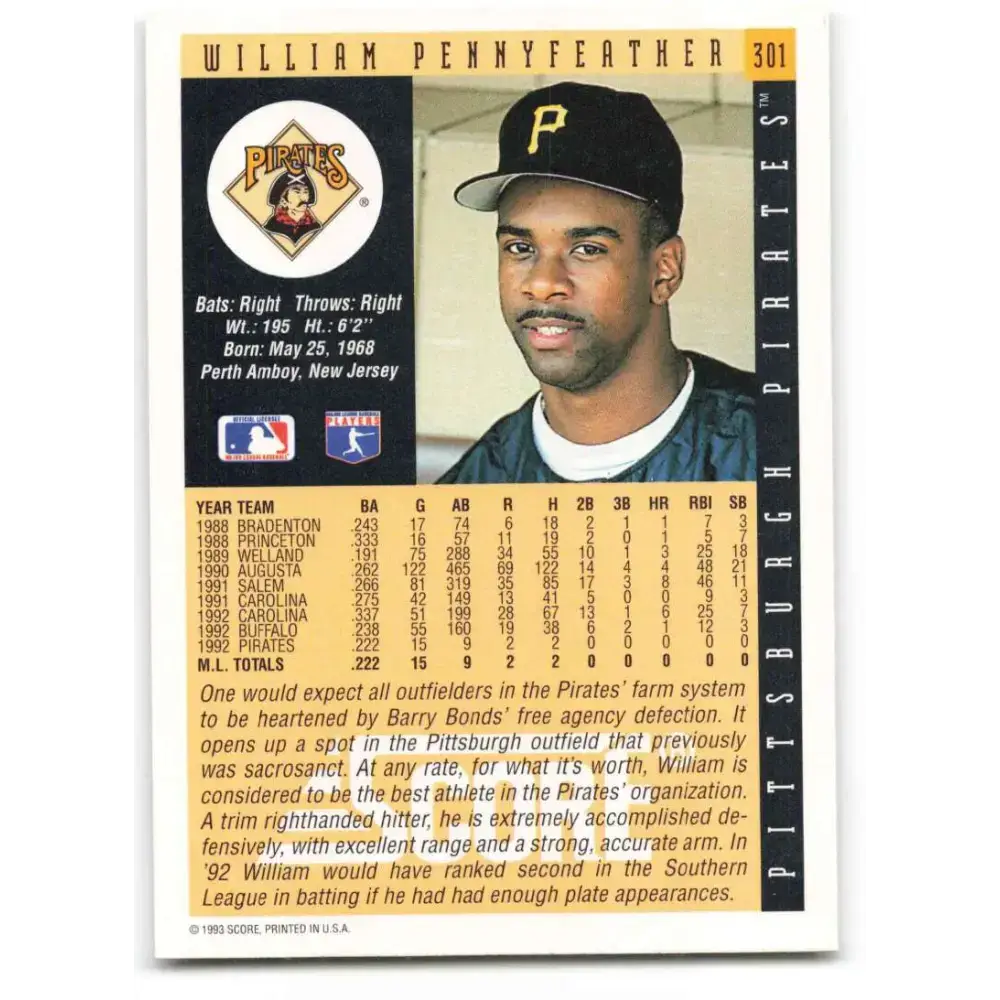 1993 Score #301 Will Pennyfeather NM-MT Pittsburgh Pirates Baseball Card - Baseball Card Single