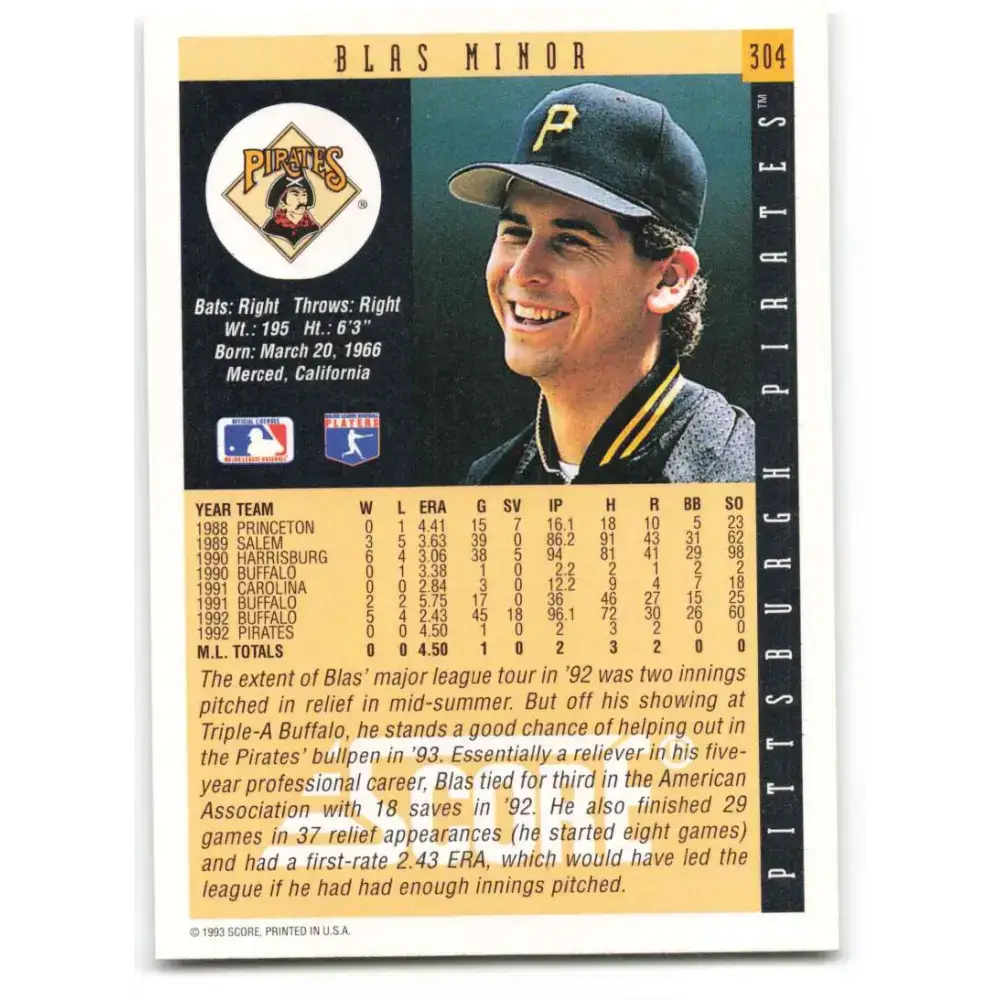 1993 Score #304 Blas Minor NM-MT Pittsburgh Pirates Baseball Card - Baseball Card Single