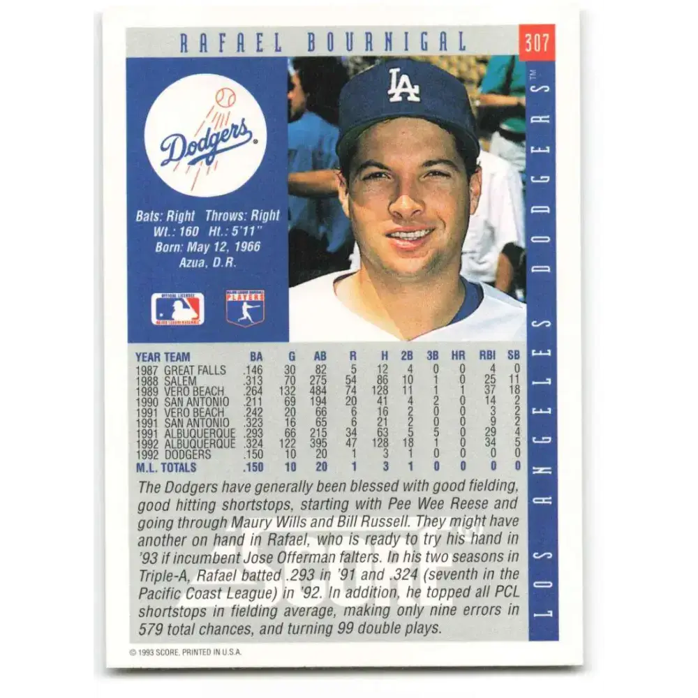1993 Score #307 Rafael Bournigal NM-MT RC Rookie Los Angeles Dodgers Baseball Card - Baseball Card Single