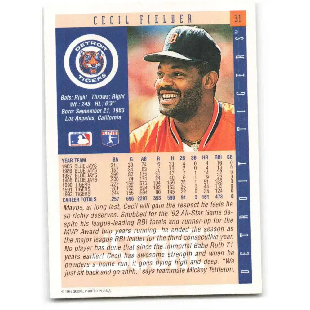 1993 Score #31 Cecil Fielder NM-MT Detroit Tigers Baseball Card - Baseball Card Single