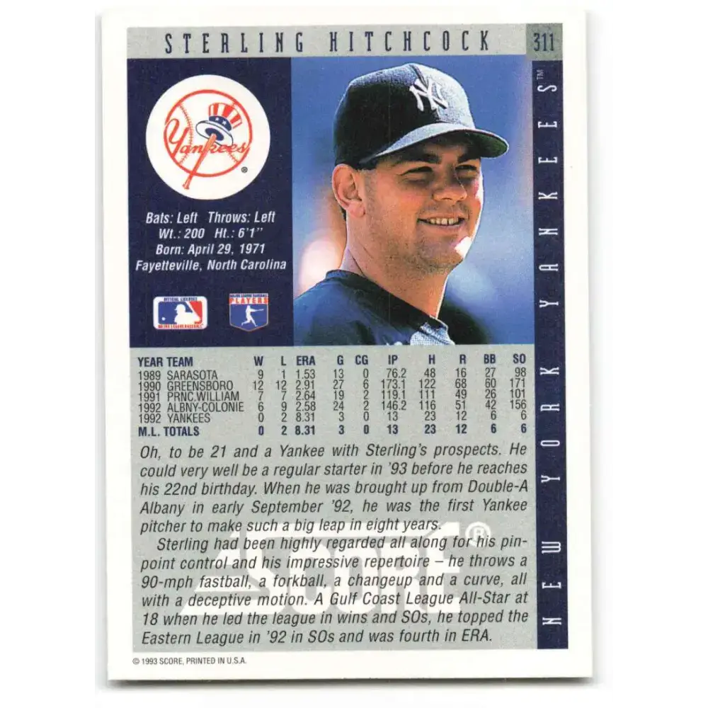 1993 Score #311 Sterling Hitchcock NM-MT RC Rookie New York Yankees Baseball Card - Baseball Card Single