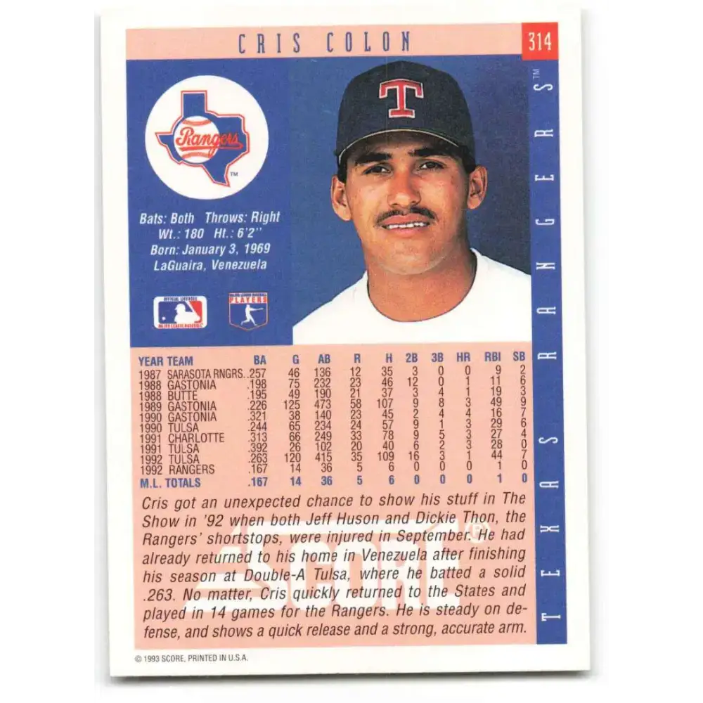 1993 Score #314 Cris Colon NM-MT Texas Rangers Baseball Card - Baseball Card Single
