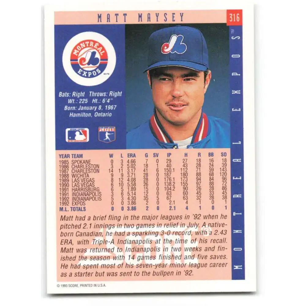 1993 Score #316 Matt Maysey NM-MT Montreal Expos Baseball Card - Baseball Card Single