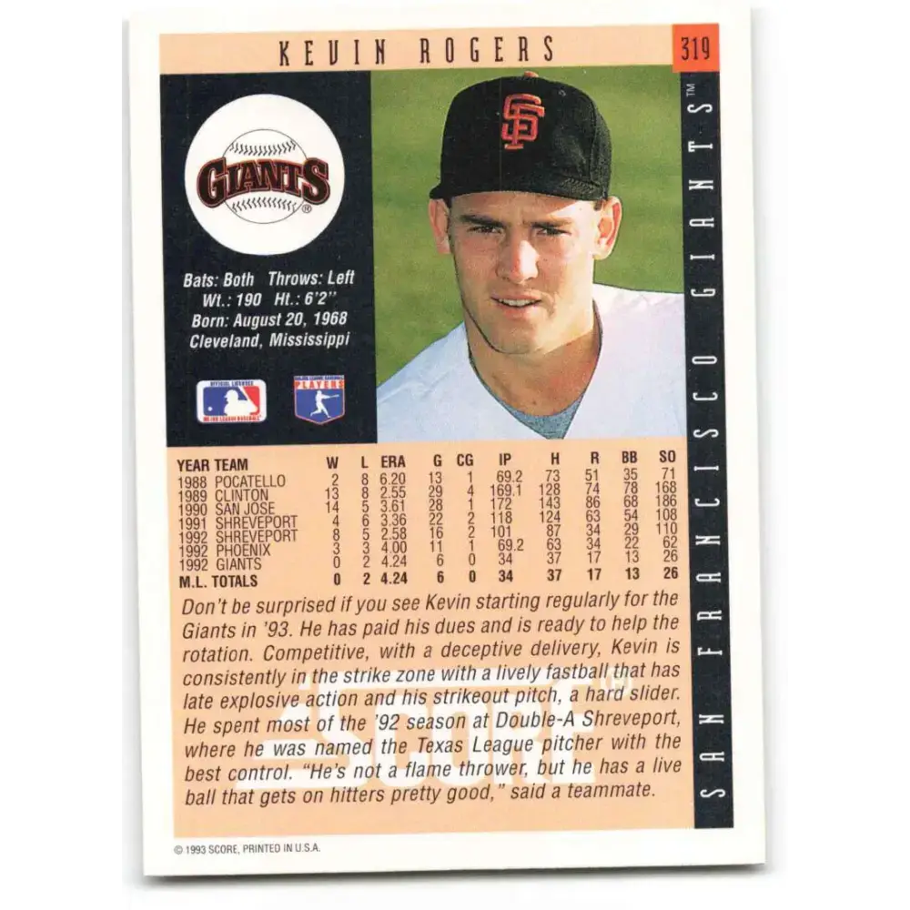 1993 Score #319 Kevin Rogers NM-MT San Francisco Giants Baseball Card - Baseball Card Single