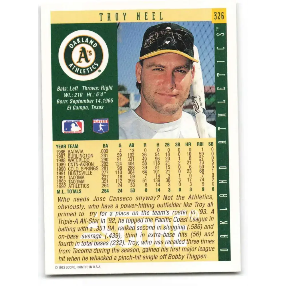 1993 Score #326 Troy Neel NM-MT Oakland Athletics Baseball Card - Baseball Card Single