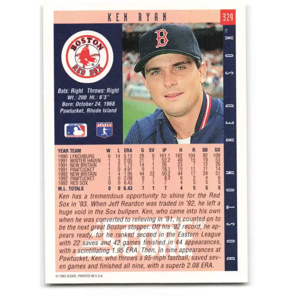 1993 Score #329 Ken Ryan NM-MT RC Rookie Boston Red Sox Baseball Card - Baseball Card Single