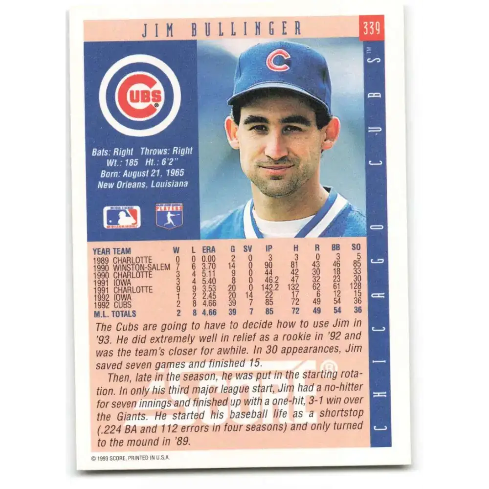 1993 Score #339 Jim Bullinger NM-MT Chicago Cubs Baseball Card - Baseball Card Single