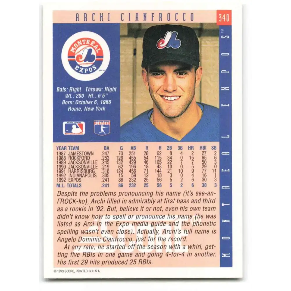 1993 Score #340 Archi Cianfrocco NM-MT Montreal Expos Baseball Card - Baseball Card Single