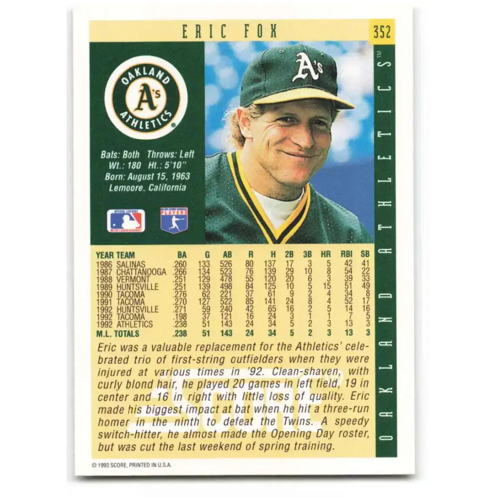 1993 Score #352 Eric Fox NM-MT Oakland Athletics Baseball Card - Baseball Card Single