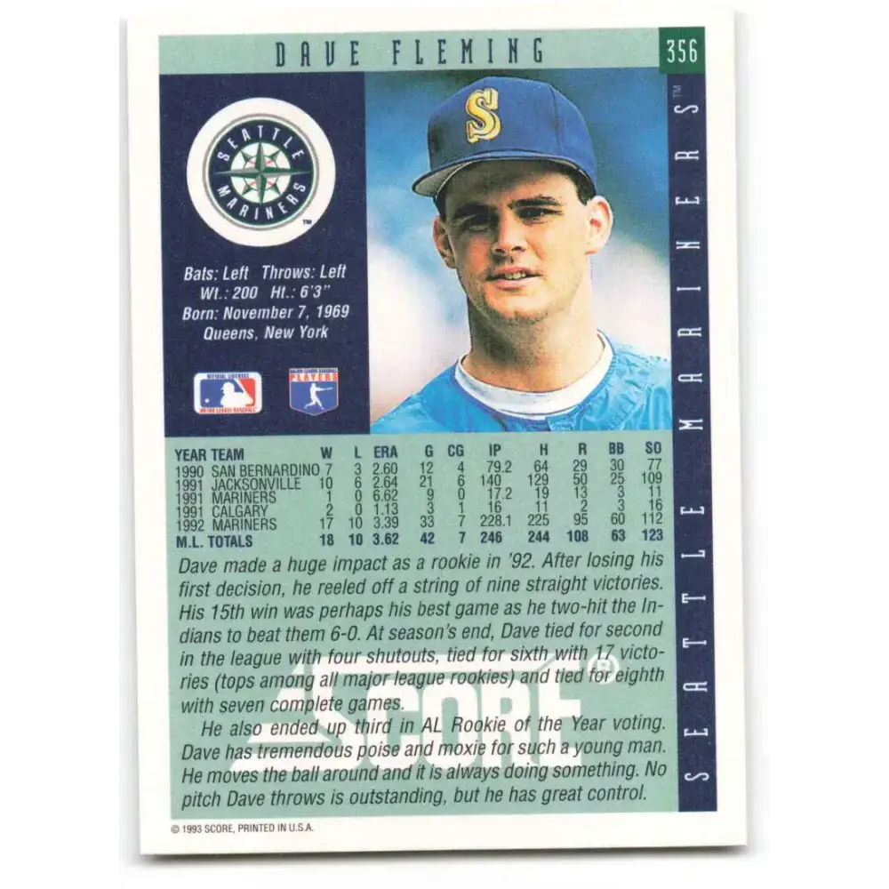 1993 Score #356 Dave Fleming NM-MT Seattle Mariners Baseball Card - Baseball Card Single