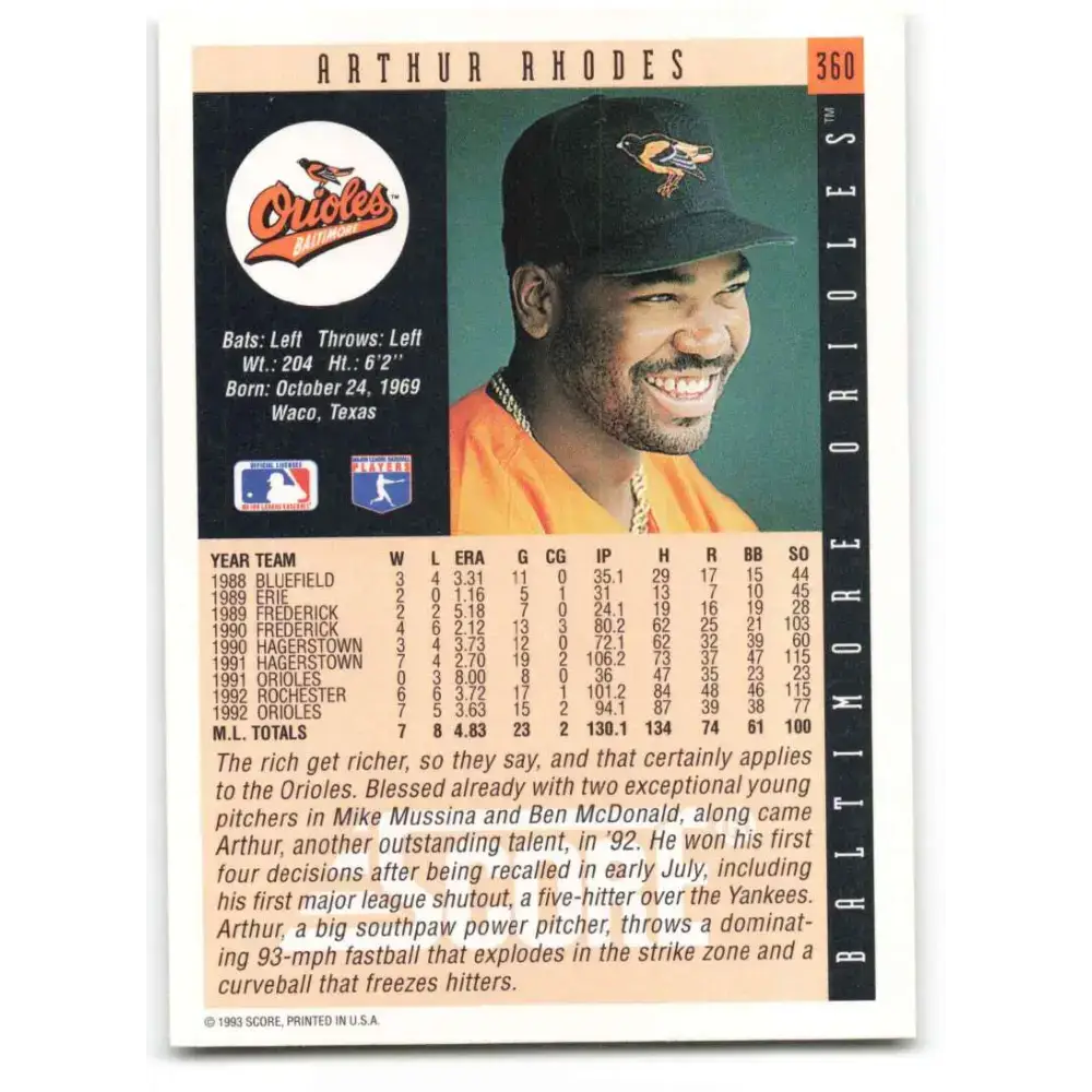 1993 Score #360 Arthur Rhodes NM-MT Baltimore Orioles Baseball Card - Baseball Card Single