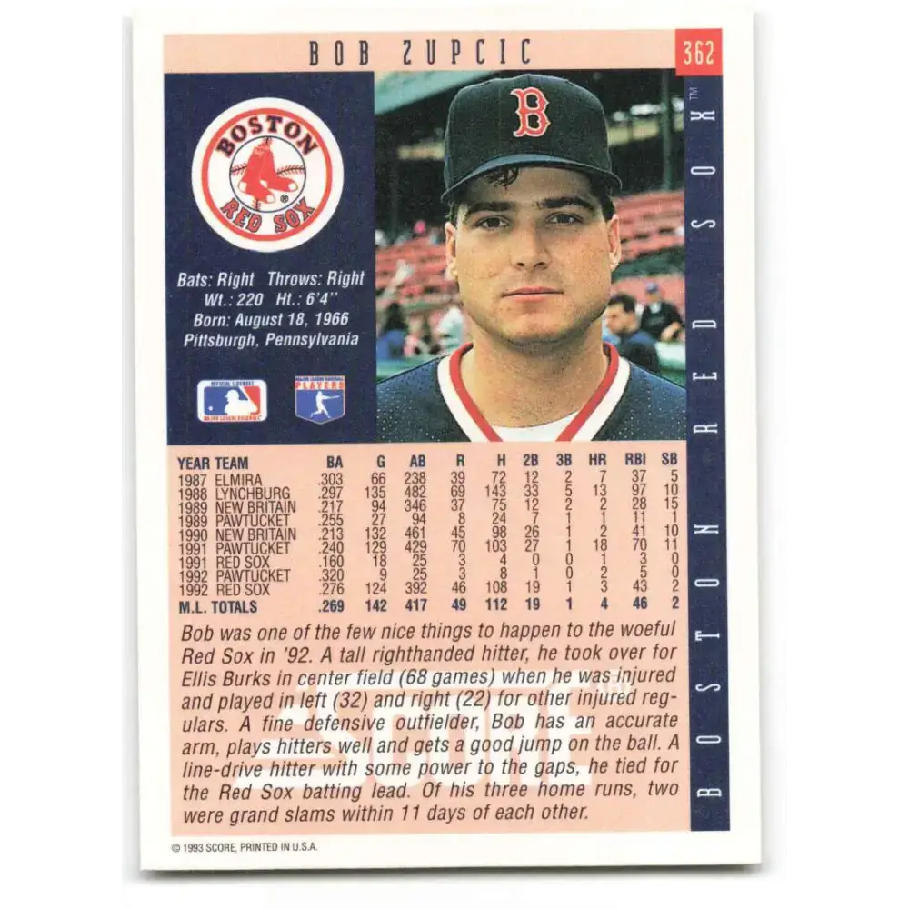 1993 Score #362 Bob Zupcic NM-MT Boston Red Sox Baseball Card - Baseball Card Single
