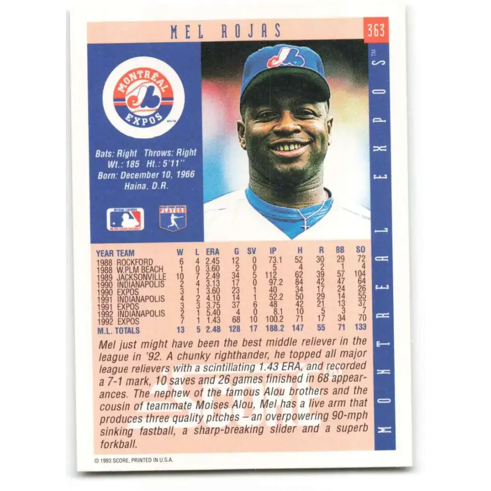 1993 Score #363 Mel Rojas NM-MT Montreal Expos Baseball Card - Baseball Card Single