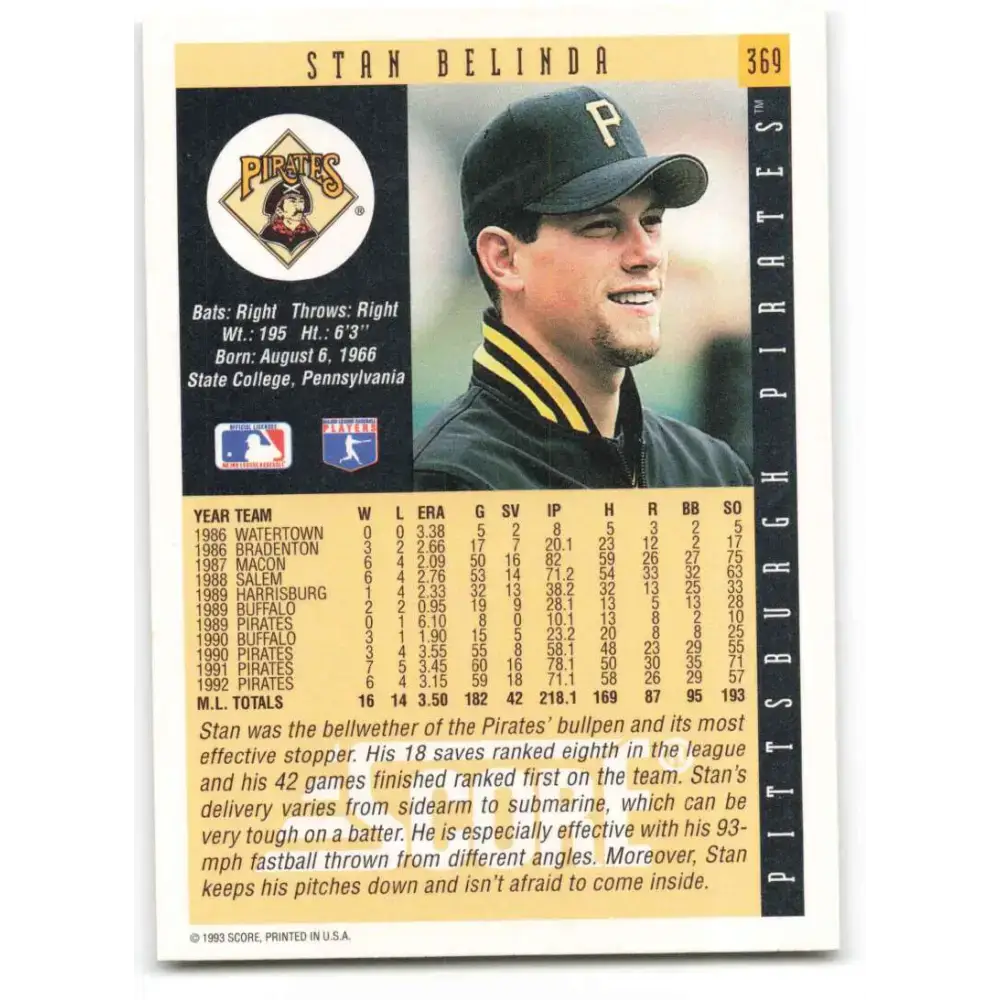 1993 Score #369 Stan Belinda NM-MT Pittsburgh Pirates Baseball Card - Baseball Card Single