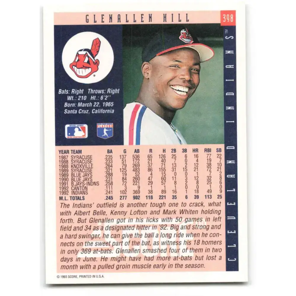 1993 Score #398 Glenallen Hill NM-MT Cleveland Indians Baseball Card - Baseball Card Single