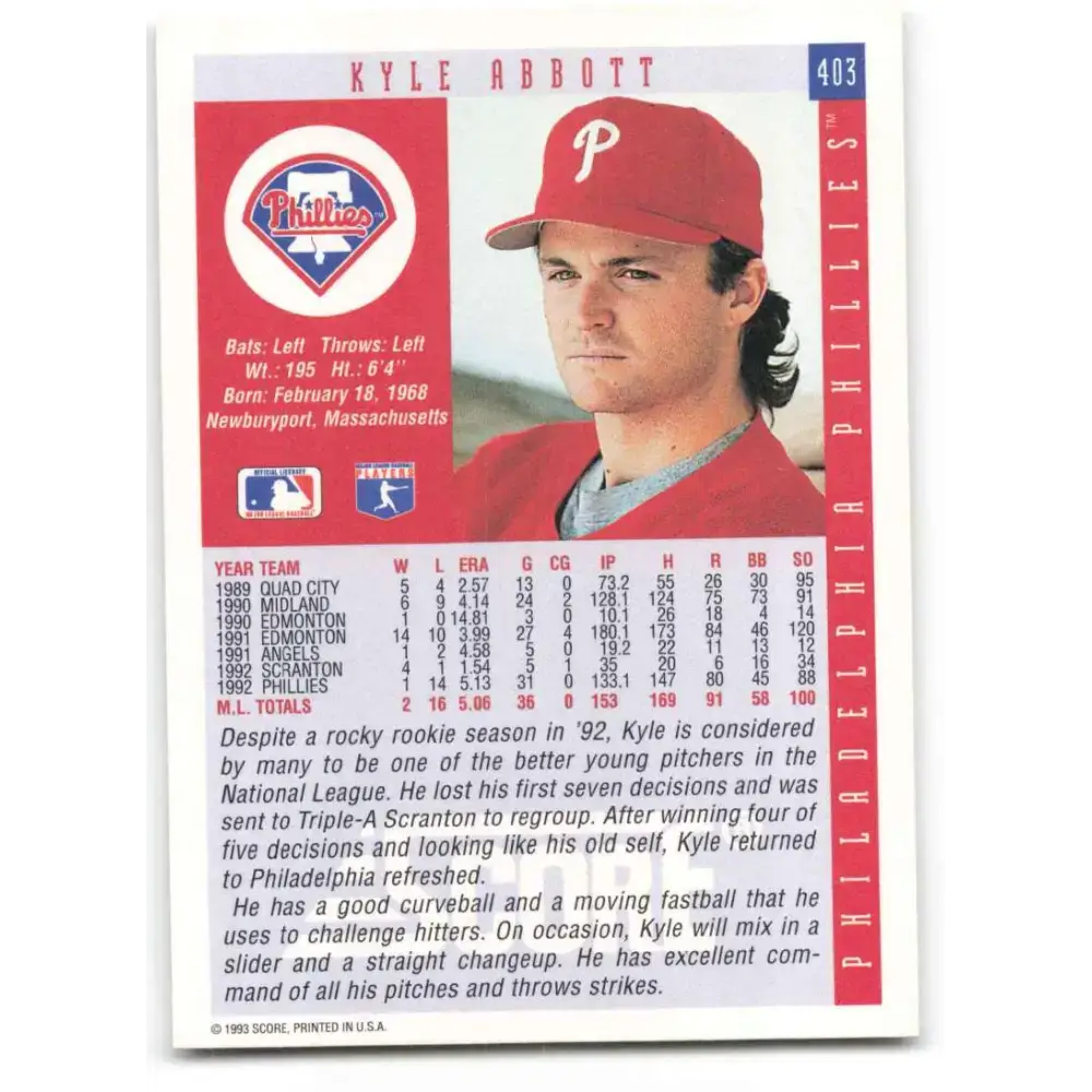 1993 Score #403 Kyle Abbott NM-MT Philadelphia Phillies Baseball Card - Baseball Card Single